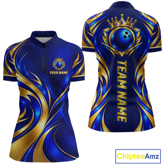 Custom Blue And Gold Crown Bowling Shirts For Women, Bowling Team Jersey Bowling Tournament HNT645