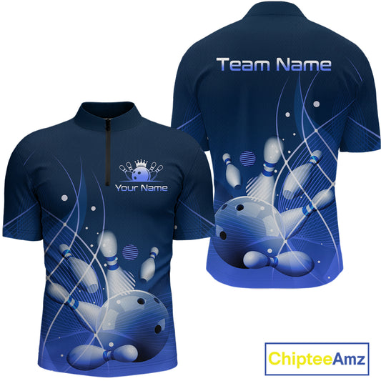 Custom Blue Bowling Jersey for Men Bowling Uniform Bowling Team Shirts Polo & 1/4 Zip HNT168