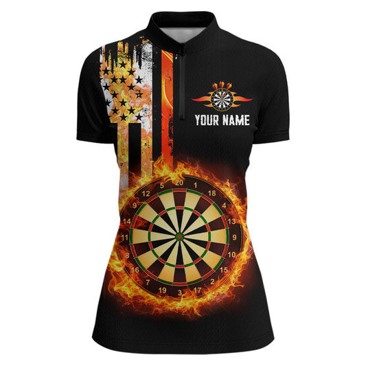 Custom Flame US Flag Darts Shirt for Women Darts Team Jerseys Dart Tournament Polo & 1/4 Zip NNT115