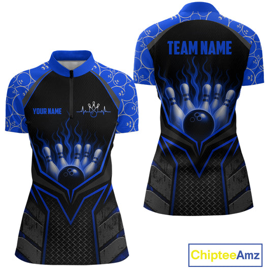 Black and blue sports jersey with 'TEAM NAME' and 'YOUR NAME' text, featuring a bowling design, on a white background.