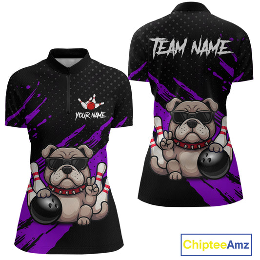 Custom purple funny bulldog bowling jersey for women, personalized team bowling quarter zip shirt front view and back view.