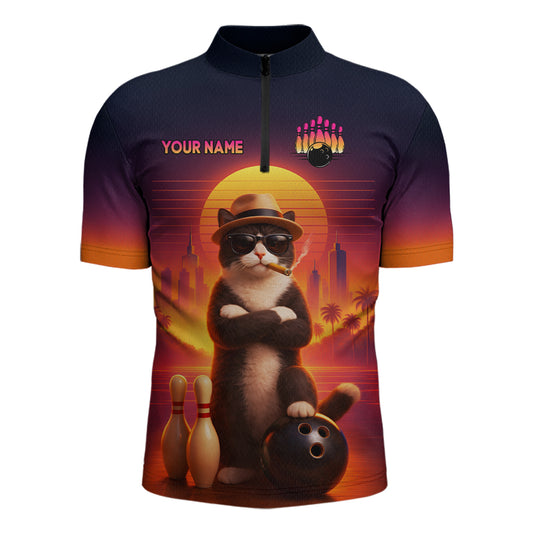 Custom Funny Cat Retro Bowling Jersey for Men Bowling Polo & 1/4 Zip Bowling Team Shirts HNT199