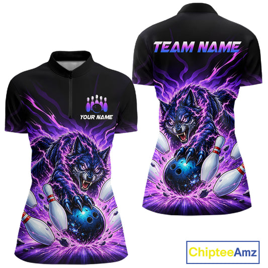 Custom Purple Flame Wolf Bowling Team Shirts Bowling Jersey for Women Bowling League Shirts HNT629