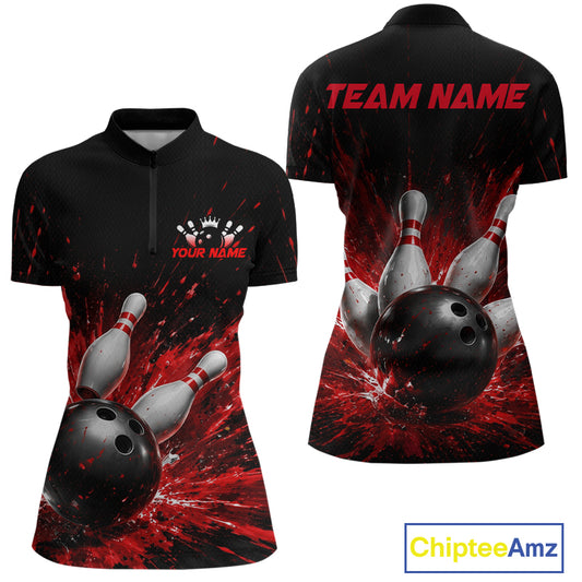Front and back views of a black bowling quarter zip shirt with dramatic red splatter graphics, a large black bowling ball, and flying pins, plus custom team and player name text.