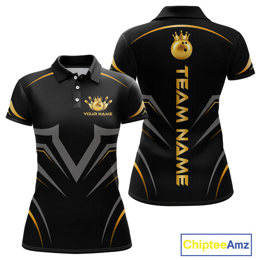 Custom Black Gold Crown Bowling Team Shirts Bowling Jersey for Women Bowling League HNT461
