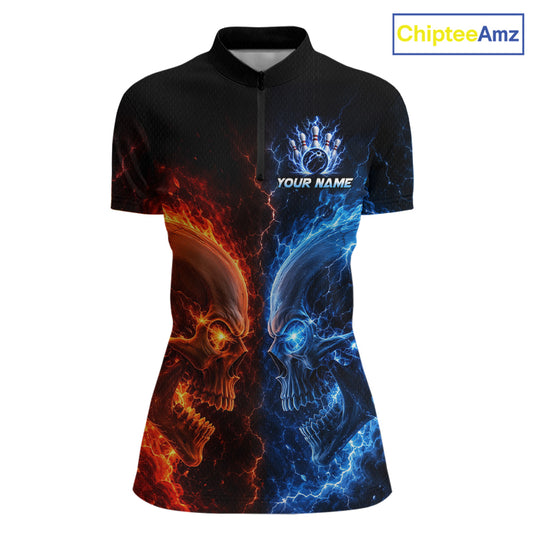 Custom fire lightning skull bowling jersey for women, personalized team bowling quarter zip shirt front view