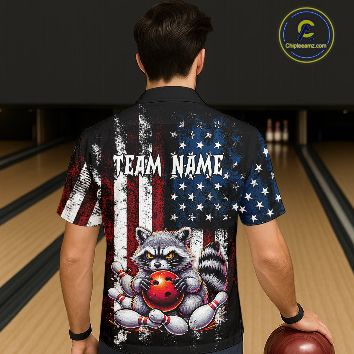 Custom US Flag Raccoon Hawaiian Bowling Jersey for Men Women Bowling Team Shirts HNT138