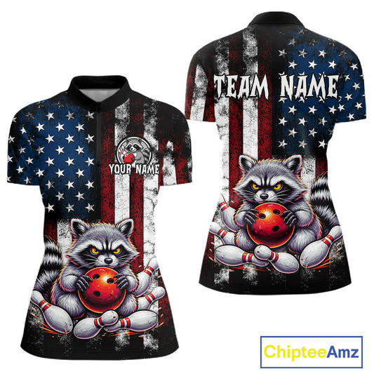 Custom raccoon bowling women quarter zip shirt with American flag design, personalized name and team name