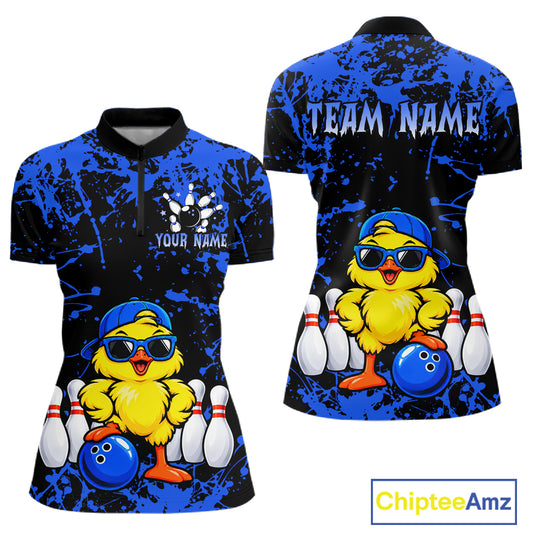 Custom Blue Funny Chick Bowling Team Shirts for Women Chicken Bowling League Polo & 1/4 Zip HNT640