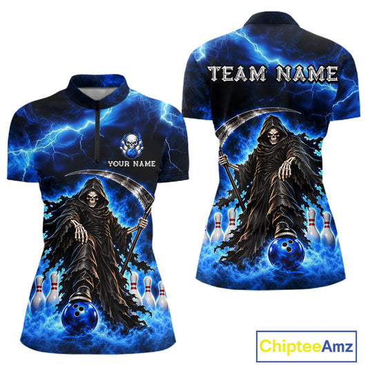 Custom Black and Blue Flame Grim Reaper Bowling Team Shirts for Women Bowling Tournament HNT641