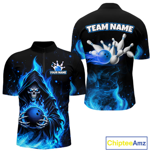 Black And Blue Flame Grim Reaper Custom Skull Bowling Shirts for Men Bowling Team Jerseys HNT645