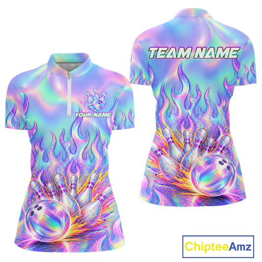 Custom Holographic Flame Bowling Shirts For Women, Bowling Team Jersey Bowling Tournament HNT647