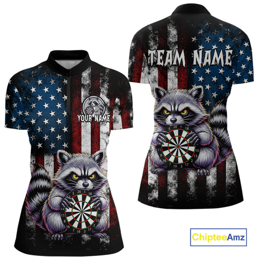 Custom Funny Raccoon American Flag Dart Shirts for Women Darts Team Jersey Dart League Shirt NNT360