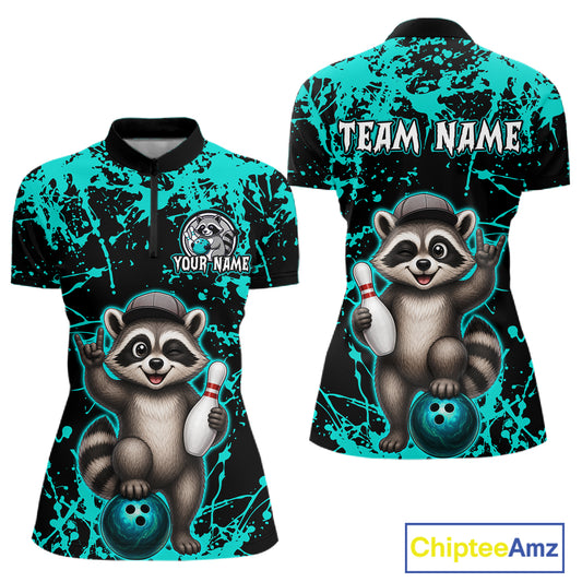 Turquoise Funny Raccoon Bowling Jersey for Women Bowling League Bowling Team Shirts Polo & 1/4 Zip HN232