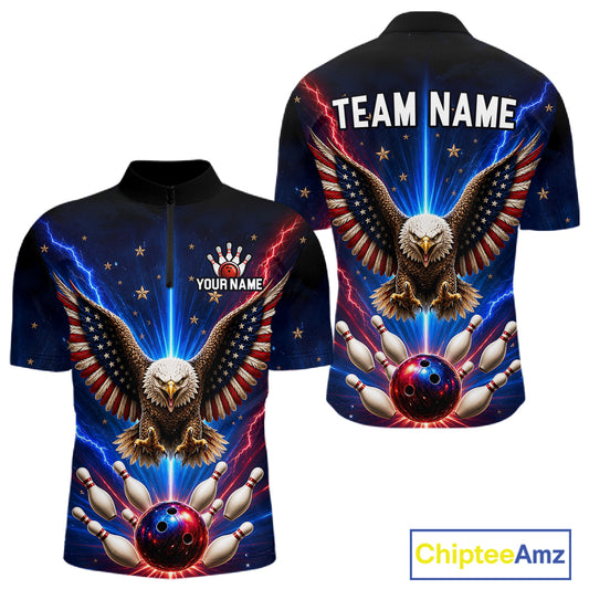 Personalized Lightning US Flag Eagle Bowling Team Shirts For Men Patriotic Bowling Gifts HNT517