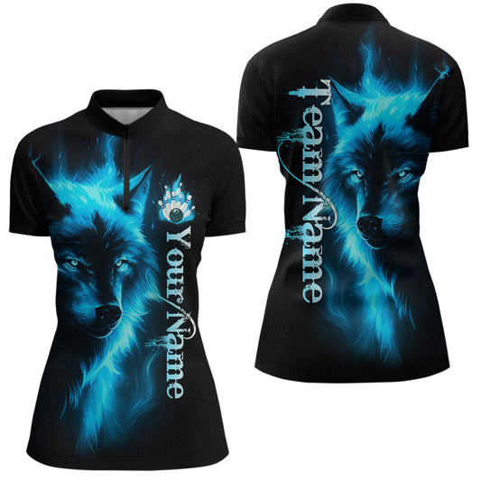 Custom Blue Flame Wolf Bowling Jersey for Women Polo & 1/4 Zip Bowling Team Shirts HNT148
