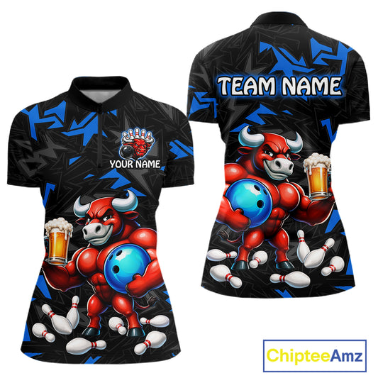 Custom blue beer bull bowling jersey for women, personalized team bowling quarter zip shirt front view and back view