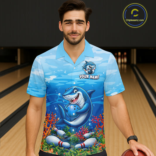Custom Ocean Funny Shark Hawaiian Bowling Jersey Bowling Uniform Bowling Team Shirts HNT609