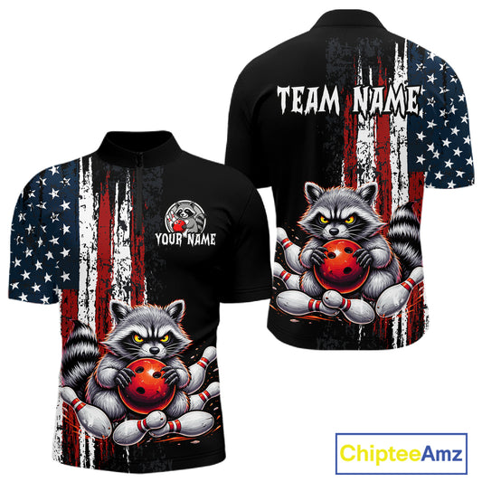Custom us flag raccoon bowling jersey for men, personalized team bowling quarter zip shirt front view and back view
