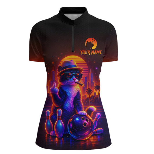 Custom Funny Cat Bowling Jersey for Women Bowling Tournament Polo & 1/4 Zip Bowling Team Shirts HNT204