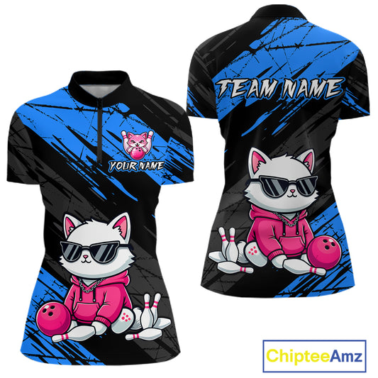 Custom Funny Blue Cat Bowling Jersey for Women Bowling Team Shirts Bowling Polo & 1/4 Zip HNT257