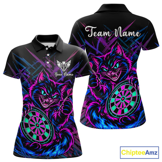 Custom Neon Funny Angry Cat Dart Shirts for Women Dart Team Jerseys Dartboard Outfit Shirt NNT357