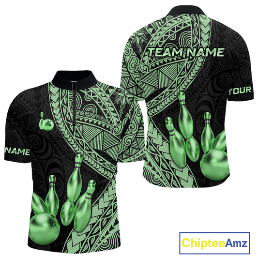 Black and Green Tribal Pattern Bowling Jersey for Men Bowling Uniform Bowling Team Shirts HNT225