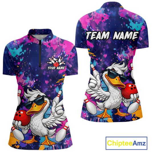 Custom Graffiti Funny Duck Bowling Jersey for Women Bowling League Bowling Team Shirts Polo & 1/4 Zip HN234