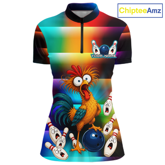 Front views of a colorful bowling quarter zip featuring a shocked rooster chicken, blue bowling ball, surprised pins, and custom team and your text.
