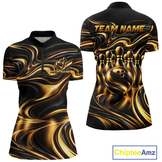 Custom Black Gold Wave Bowling Shirts For Women, Bowling Team Jersey Bowling Tournament HNT647