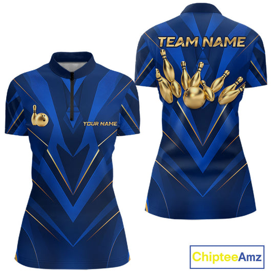 Blue and Gold Bowling Jersey for Women Custom Bowling Team Shirts Bowling League Polo & 1/4 Zip HNT650