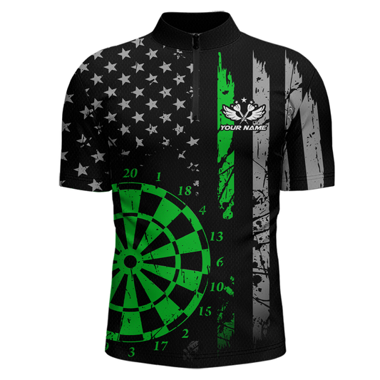 Custom Green US Flag Darts Shirt for Men Darts Team Jerseys Dart Tournament Polo & 1/4 Zip NNT116