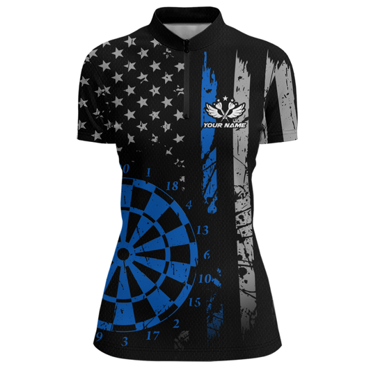 Custom Blue US Flag Darts Shirt for Women Darts Team Jerseys Dart Tournament Polo & 1/4 Zip NNT116