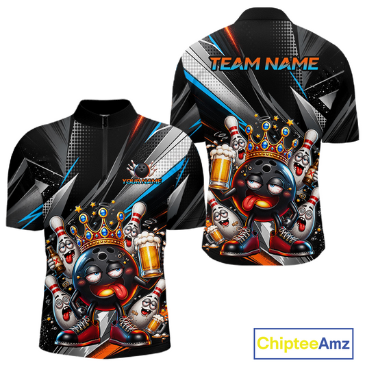 Front and back view personalized bowling quarter zip shirt with a crowned bowling ball character surrounded by pins and angled graphic patterns across a black layout.