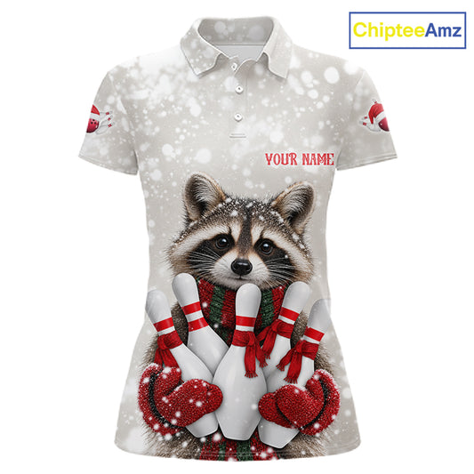 Custom Funny Raccoon Christmas Bowling Jersey for Women Polo & 1/4 Zip Bowling Team Shirts HNT582