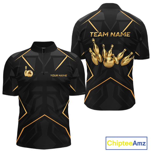 Custom Black and Gold Bowling Jersey for Men Bowling Team Shirts Bowling League Polo & 1/4 Zip HNT175