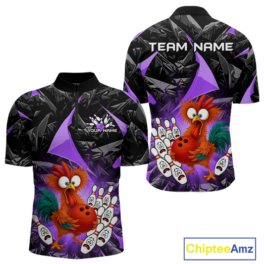 Custom Purple Funny Chicken Bowling Jersey for Men Bowling Team Shirts Polo & 1/4 Zip HNT138