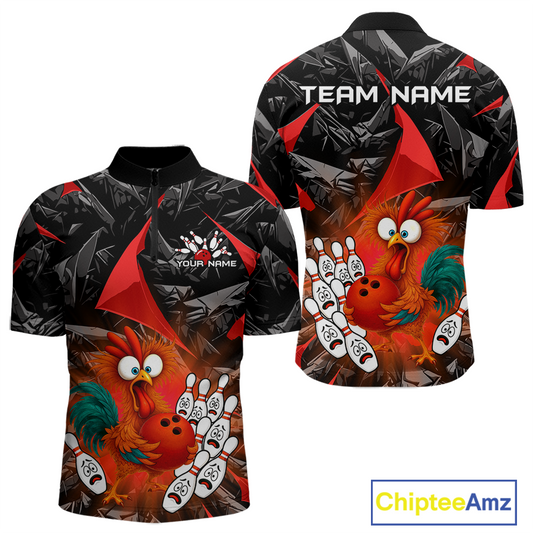 Custom Red Funny Chicken Bowling Jersey for Men Bowling Team Shirts Polo & 1/4 Zip HNT138