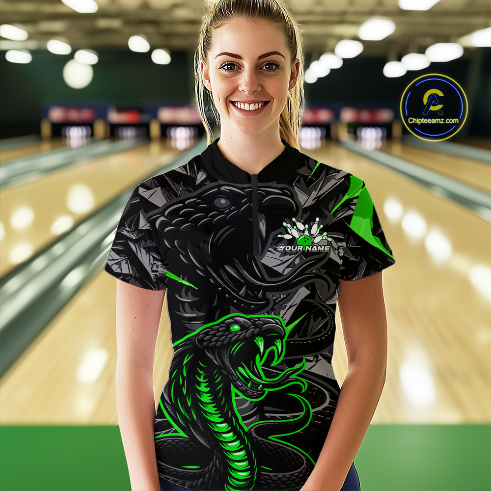 Custom Green Cobra Snake Bowling Jersey for Women Bowling Team Shirts Polo & 1/4 Zip HNT137