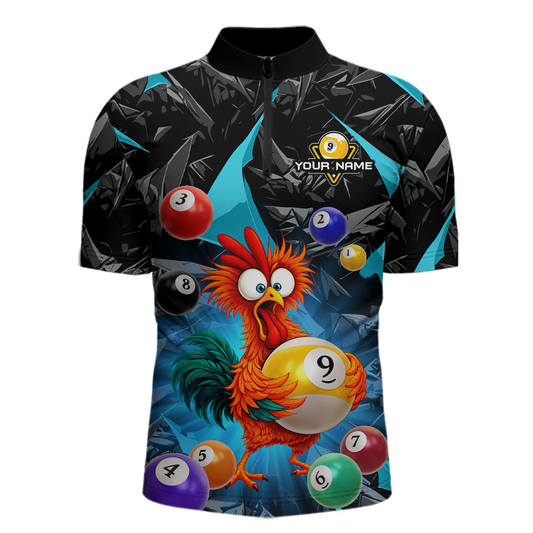 Custom Funny Turquoise Chicken 9 Ball Pool Billiard Shirt for Men Polo & 1/4 Zip, Billiard Team Jerseys NNT157