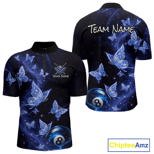 Custom Blue Butterfly Galaxy 8 Ball Billiard Shirt for Men Billiard Team Jersey Billiard League NNT192