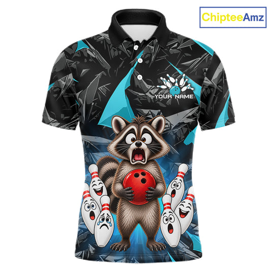 Custom Turquoise Funny Raccoon Bowling Team Shirts Bowling Jersey for Men Polo & 1/4 Zip HNT138