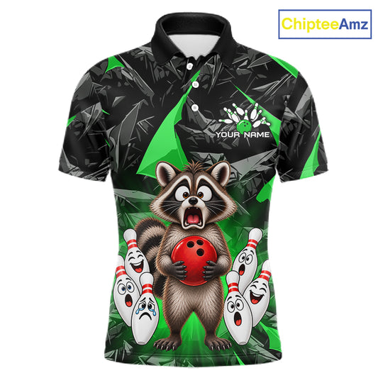 Custom Green Funny Raccoon Bowling Team Shirts Bowling Jersey for Men Polo & 1/4 Zip HNT138