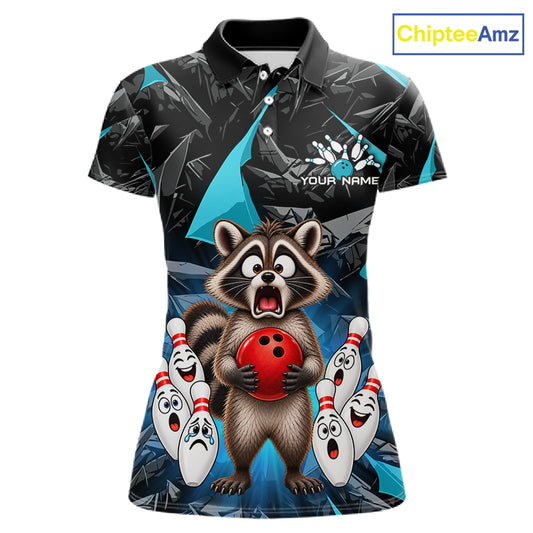 Custom Turquoise Funny Raccoon Bowling Team Shirts Bowling Jersey for Women Polo & 1/4 Zip HNT138