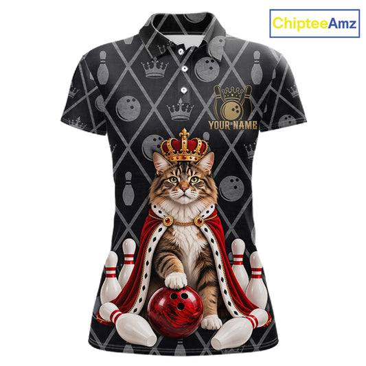 Custom Funny King Cat Bowling Jersey for Women Polo & 1/4 Zip Bowling Team Shirts for Bowler HNT586