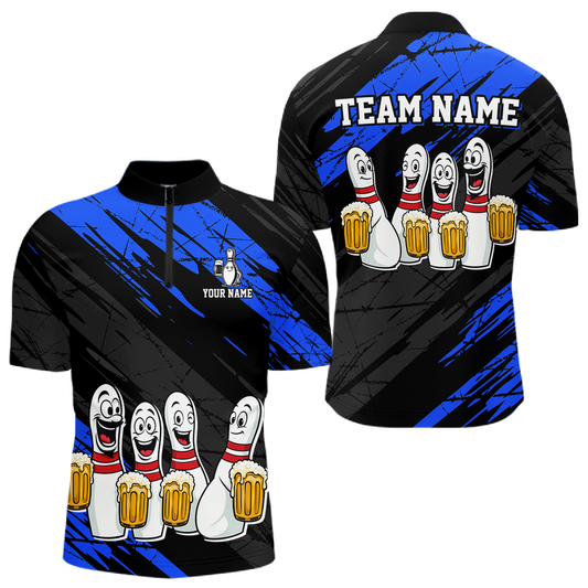 Custom Blue Funny Bowling Tournament Jersey for Men Bowling Team Shirts Polo & 1/4 Zip HNT178