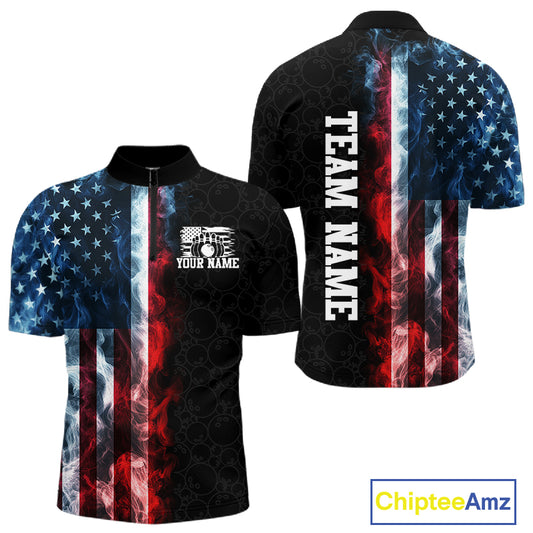 Custom Smoke American Flag Bowling Jersey for Men Bowling Polo & 1/4 Zip Bowling Team Shirt HNT593