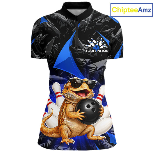 Custom blue bearded dragon bowling jersey for women, personalized team bowling quarter zip shirt front view