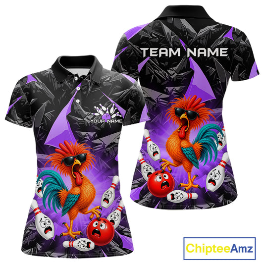Custom Purple Funny Chicken Bowling Team Jerseys for Women Bowling League Polo & 1/4 Zip HNT575