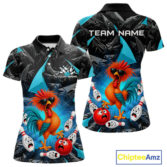 Custom Turquoise Funny Chicken Bowling Team Jerseys for Women Bowling League Polo & 1/4 Zip HNT575